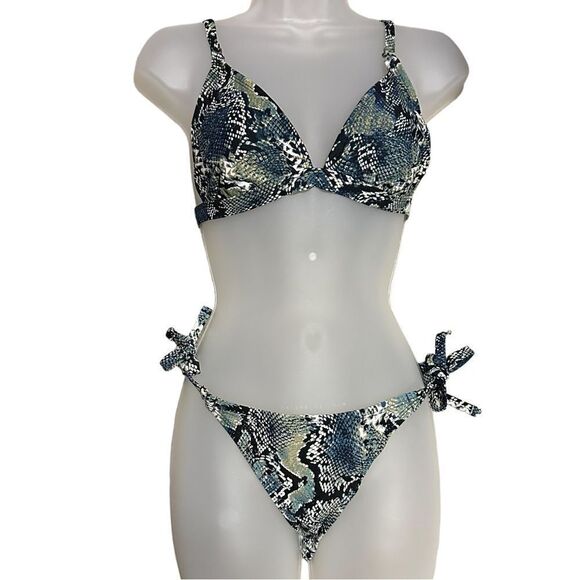 Snake Skin Green Bikini Tie Cheeky Cinched Bottom Bikini Set - Picture 1 of 5